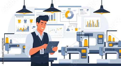 Garment factory supervisor using digital tablet with manufacturing charts background