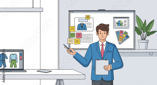 Illustrative fashion designer presenting collection using digital tools in office