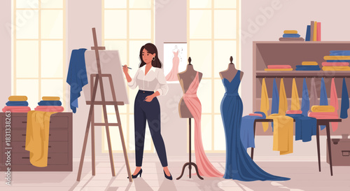 Elegant fashion designer sketching at her sunlit studio with mannequin gowns