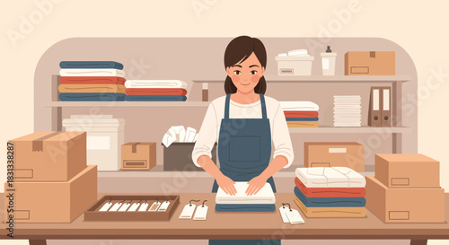 Young entrepreneur managing inventory, folding apparel for shipping and packaging