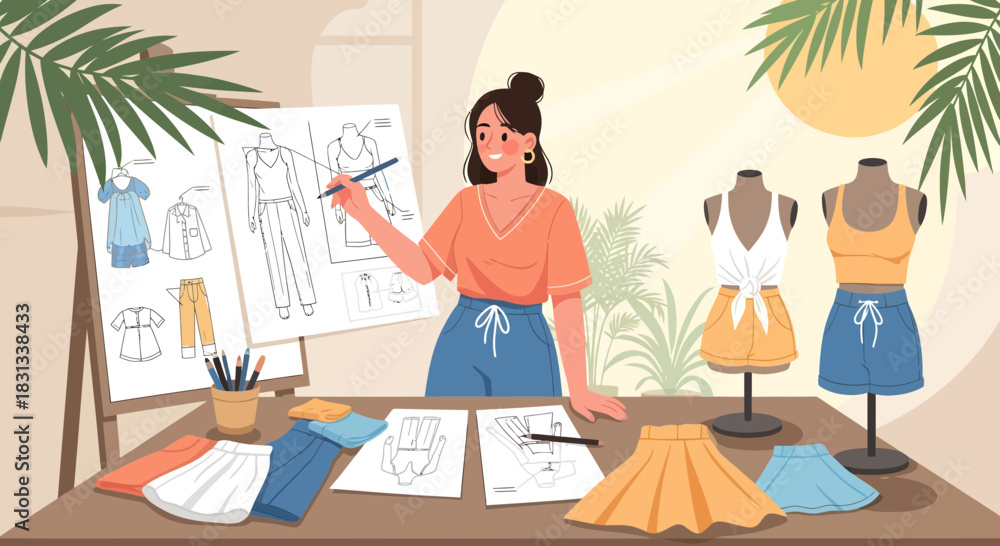 Fototapeta premium Fashion Designer Creating New Collection Sketches in Her Studio with Mannequins