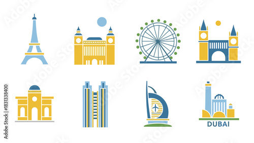 Set of flat vector icons depicting famous international landmarks and architectural monuments.