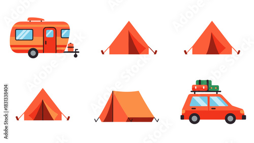 A collection of orange camping and travel icons featuring a trailer, various tents, and a car with luggage.
