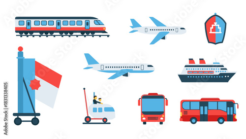 A set of transportation icons including a train, airplanes, buses, a cruise ship, and the Indonesian flag.