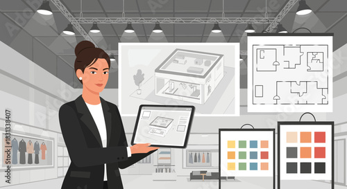 Fashion brand director presenting the new booth design at the exhibition fair