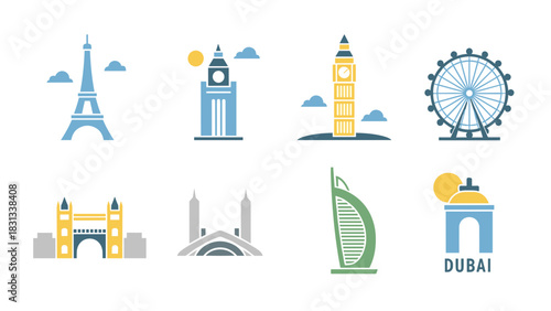 Eight stylized flat design illustrations showcasing famous international architectural structures and popular travel attractions.