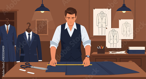 Fashion tailor measuring fabric for custom-made suit in workshop studio illustration