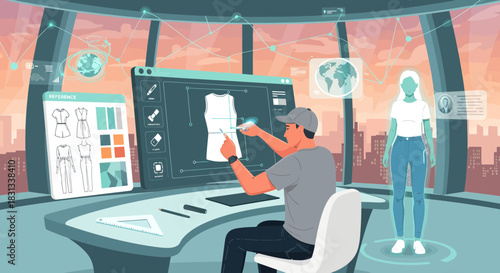 Futuristic fashion design with advanced technology and holographic fitting model