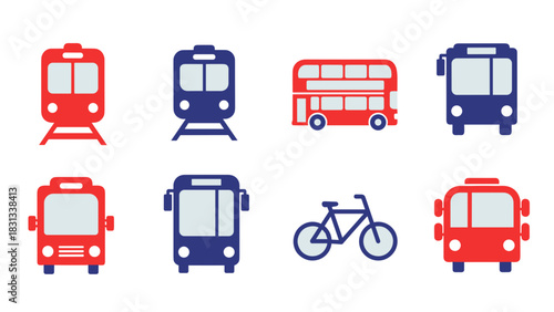 Collection of transportation icons featuring a red train, blue train, red double decker bus, blue bus, red bus, blue bus, bicycle, and red truck on a white background.