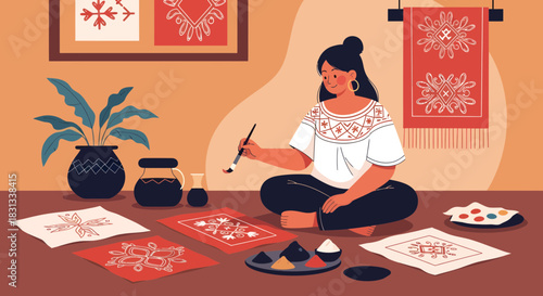 Creative expression: A woman crafts traditional patterns in a cozy artistic space