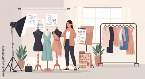 Creative fashion designer in studio crafting modern clothing collection