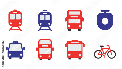 A set of red and blue flat vector icons for transportation, including trains, buses, a car, a bicycle, and a stopwatch.