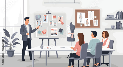 Creative fashion design team meeting for brainstorming new clothing styles