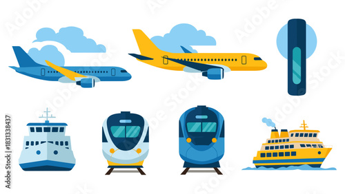 Collection of vector illustrations depicting various modes of transportation including airplanes, trains, a ferry, and a cruise ship against a white background.