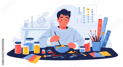 Illustrative creative artist at work mixing paint in studio environment