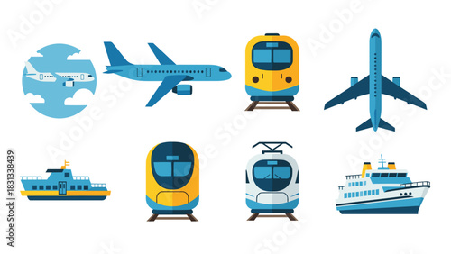 Illustrative set of modern transportation methods featuring planes, trains, boats, and ferries.