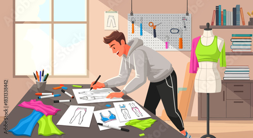 Dedicated male fashion designer sketching in his bright home studio workspace