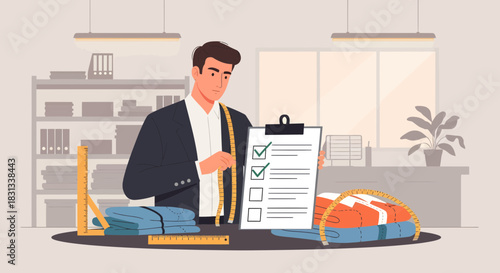 Attentive tailor meticulously oversees checklist in modern tailoring studio