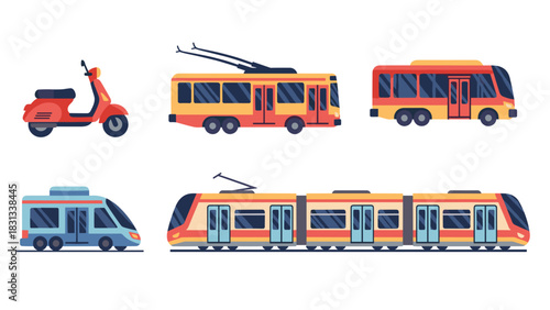 Collection of various colorful public transportation vehicles, including scooter and trains.