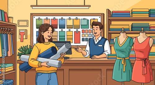 Fabrics and fashion, a customer buys fabric in the store in front of the seller