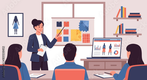 Fashion design presentation with a team of designers showcasing trending garment ideas