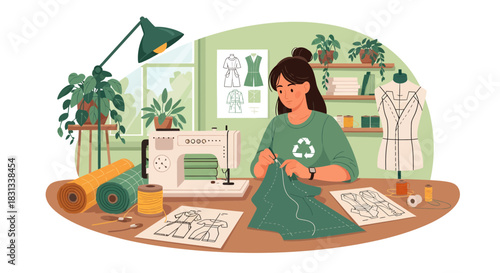 Creative fashion designer crafting sustainable clothing in a vibrant studio