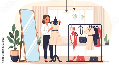 Fashion designer working on a new collection in her studio atelier showroom