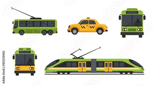 A collection of various cartoon-style public transportation vehicles in green and yellow, isolated.