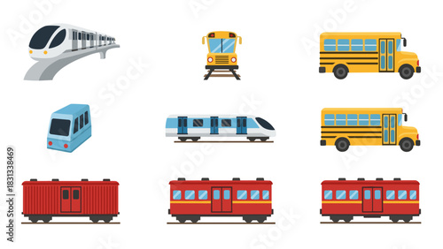A collection of public transport illustrations featuring a monorail, school buses, subway trains, and various rail cars.