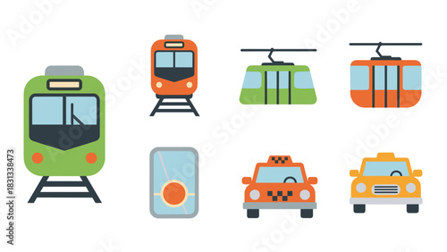 Collection of various colorful, flat-style transportation vehicles presented against a white background.