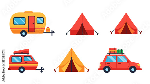 Cartoon illustration showing camping equipment: a yellow camper, red and yellow tents, and red cars with luggage on top, isolated on a white background.