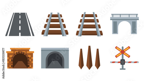 Collection of transportation infrastructure icons including road, railroad tracks, bridge, tunnels, wooden poles, and a railway crossing signal.