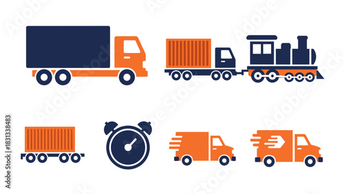 Vector illustration showing various modes of transportation including trucks, a train, and a clock, representing delivery and logistics.