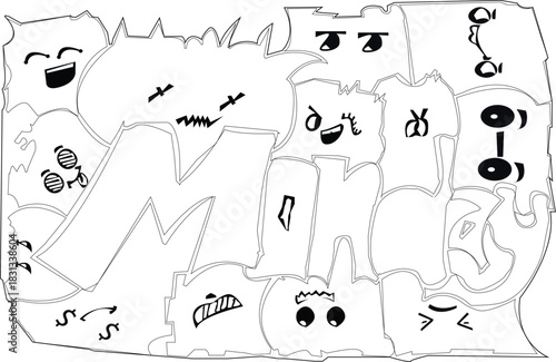 Abstract doodle art with various cartoon faces and expressions.