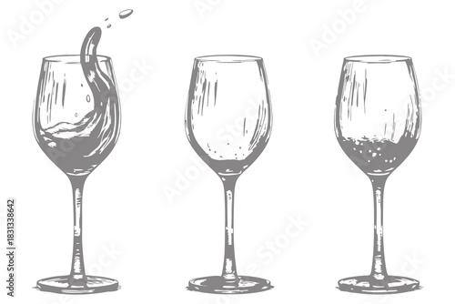 vector sketch Whiskey wine glass with alcohol liquid splash illustration. Bar menu design elements. Eps 10