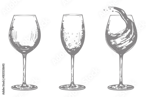 wine glasses with alcohol splash illustration. Vintage Bar menu design elements vector. Eps 10