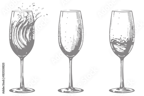 vintage style wine glasses with alcohol liquid splash for modern bar menu design. vector illustration. Eps 10