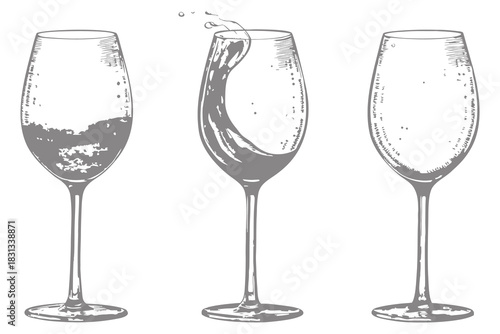 Whiskey wine glasses with alcohol liquid splash. Bar menu design elements vector illustration. Eps 10