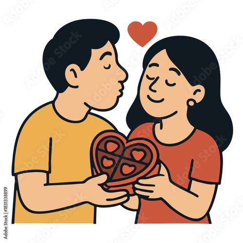 Couple holding heart shaped gift smiling, romantic love, happiness, affection, togetherness