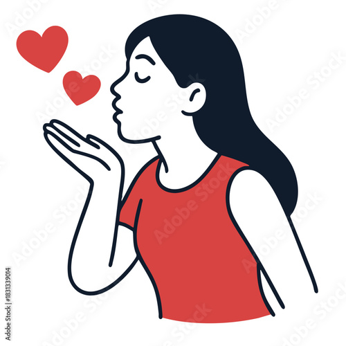 Woman blowing kiss with hearts, romantic gesture, love, affection, happiness, simple illustration