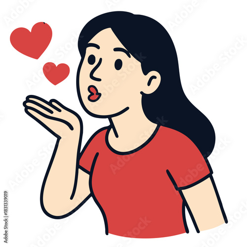 Woman blowing kiss with red hearts, cartoon style, happy romantic gesture, white background