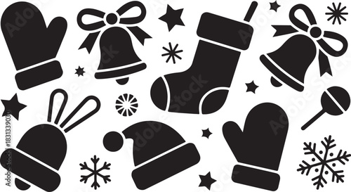 Black silhouette of holiday items like bells, snowflakes, and stockings creates a festive on transparent background