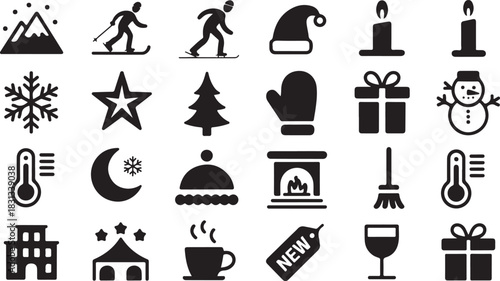 Black winter holiday elements include gifts, mountain, snowflakes, skiers on a transparent background