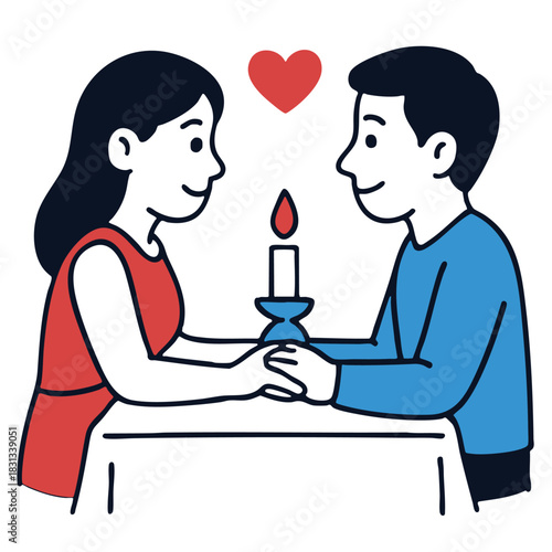 Romantic couple holding hands candlelight dinner love heart illustration