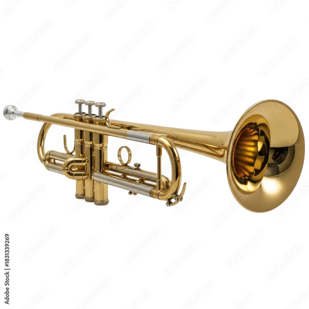 Obraz premium Shiny golden brass trumpet musical instrument isolated on white background