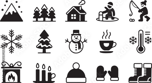 Various simple black icons depict winter landscapes, activities, and objects on a white background