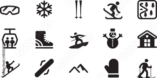 Winter activities are represented with skiers, snowboards, goggles and other icons; it is transparent