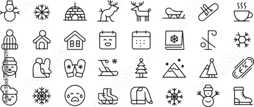 Winter elements like snowman, snowflake, igloo, and skiing equipment are visible as black outlined icons