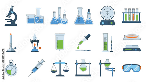 Collection of laboratory equipment and scientific research tools for chemistry and biology
