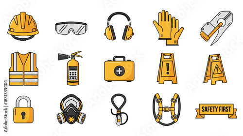 A comprehensive vector icon set illustrating essential personal protective equipment and workplace safety items for industrial hazard prevention